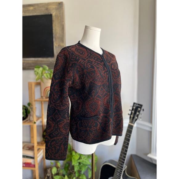 Vintage 90s Black and Brown Zip Front Wool Blend Cardigan Jacket Size Small - Picture 2 of 4